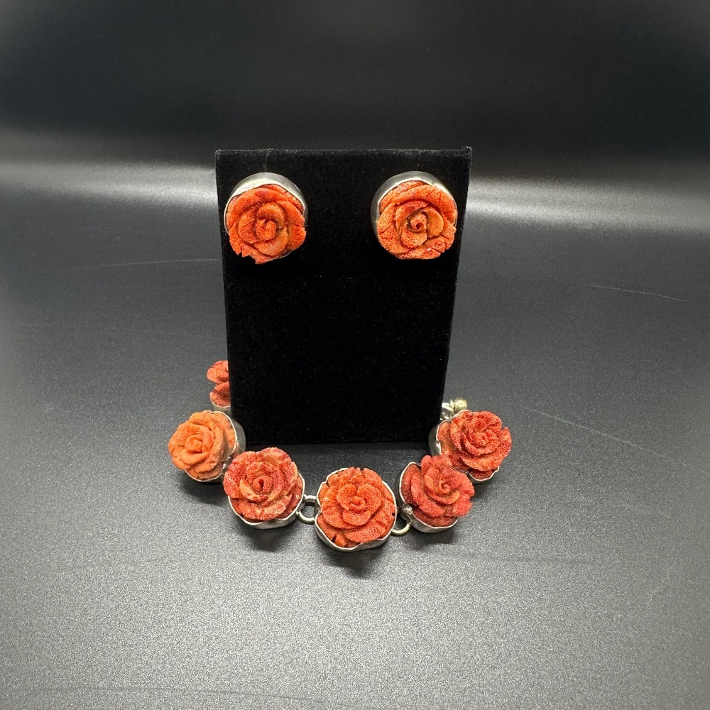 Charles Albert Sterling Silver Red Coral Bracelet & Earrings Set